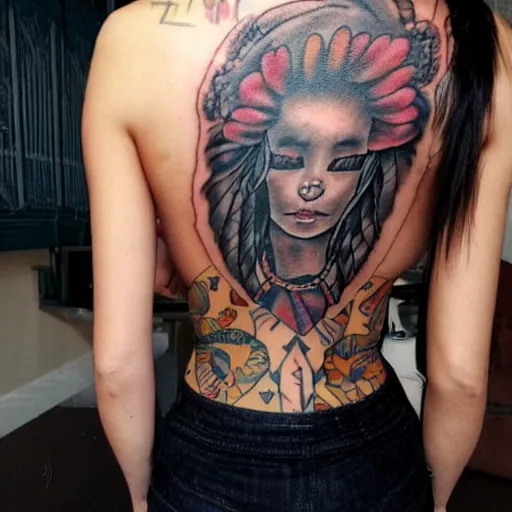 Image similar to muscular girl, long hair, tattooed back, photo