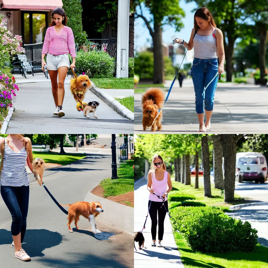 Prompt: An attractive young woman walking her small dog on the sidewalk in the suburbs. Affluent neighborhood. Mid afternoon. Summer.