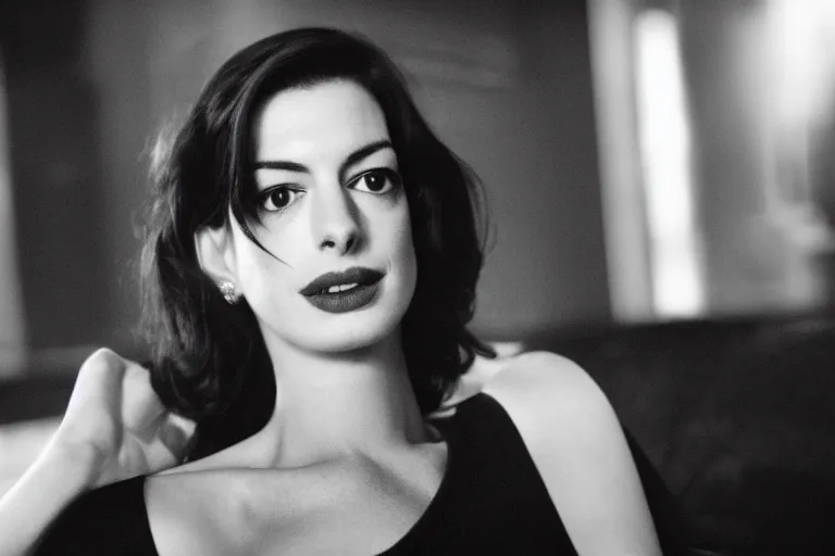 Image similar to beautiful medium shot of anne hathaway in a film noir ; grainy black and white movie still