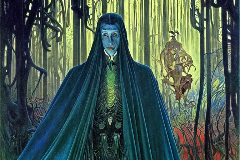 Image similar to realistic extremely detailed portrait painting of an elegantly creepy vampire man in a cape, futuristic sci-fi forest on background by Jean Delville, Amano, Yves Tanguy, Alphonse Mucha, Ernst Haeckel, Edward Robert Hughes, Roger Dean, rich moody colours, blue eyes