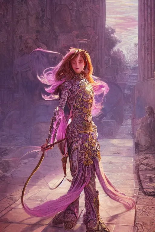 Image similar to portrait knights of Zodiac girl, metalic pink and pastel purple reflected armor, in ruined Agora of Athens sunrise, ssci-fi, fantasy, intricate, very very beautiful, elegant, golden light, highly detailed, digital painting, artstation, concept art, smooth, sharp focus, illustration, art by tian zi and WLOP and alphonse mucha