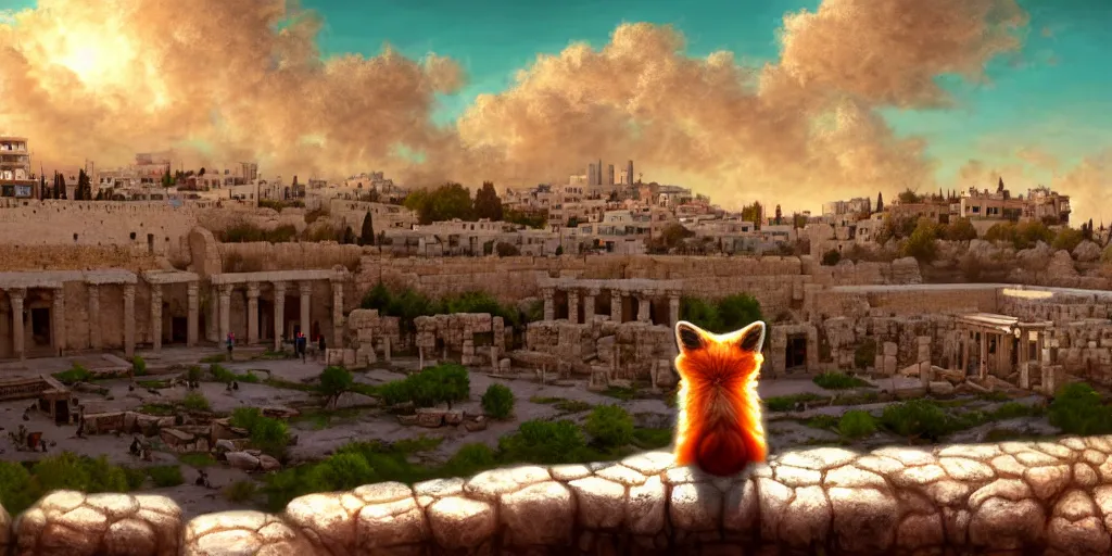 Image similar to a adorable small fox in the huge ruins of the second temple in jerusalem in the distance. the third temple hovers quietly hiding in the dreamy clouds above. a hooded bearded old man in a brown tunic laughing, colorful 8 k, art station, intricate superb details, digital art, cinematic, bokeh dof sky, by stalenhag.