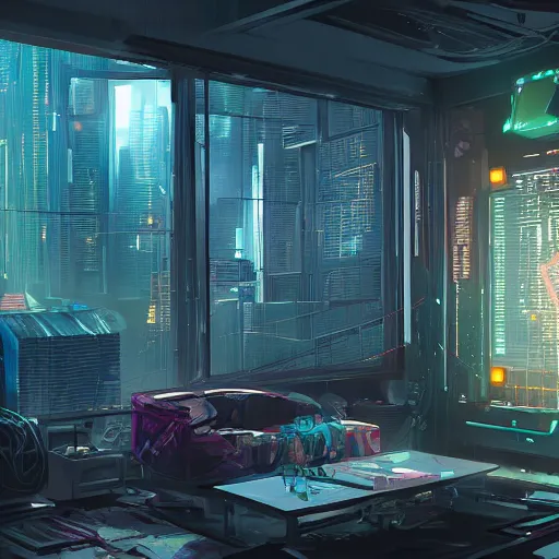 Prompt: a simulated hologram of a cubic entity illuminating a messy futuristic cyberpunk apartment with windows overlooking a dystopian metropolis, cyberpunk concept art