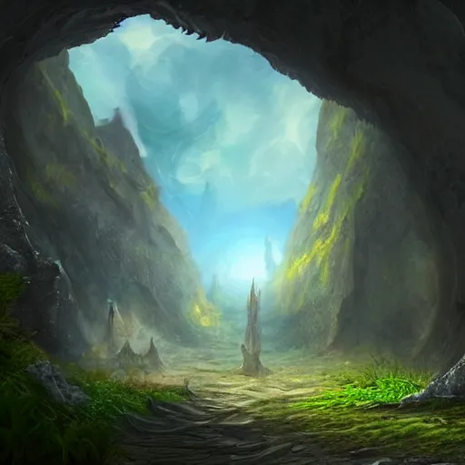 Image similar to beautiful matte painting of a fantasy cave entrance