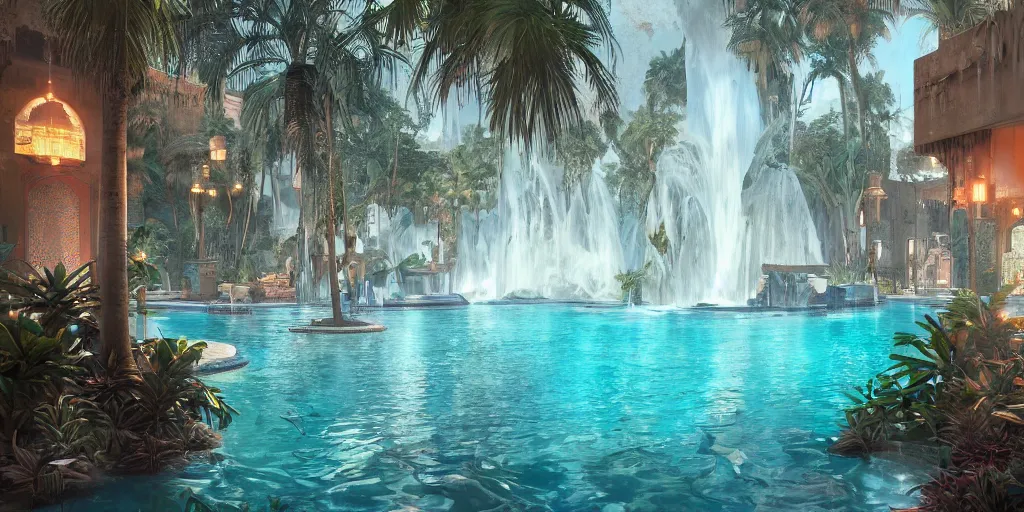 Image similar to beautiful pool waterfalls surrounded by palm trees, moroccan tile archways, industrial buildings, rusty metal towers, sun setting, ross tran, fantasy, james jean, peter morbacher, angelarium, alchemy, luxury, heavenly light, soft illumination, trending on artstation, cinematic lighting, digital painting, octane render, artgerm