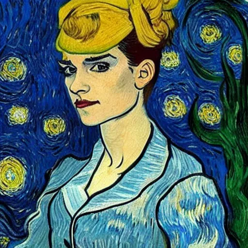 Image similar to emma watson with a dog on her head in the style of vincent van gogh