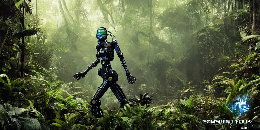 Image similar to cyberpunk robot in the asian rainforest, immaculate details, vintage polaroid photo, hyper realistic, ultra realistic, photo realistic, photography, ray tracing, octane render, vray render, weta digital, unreal engine 5,