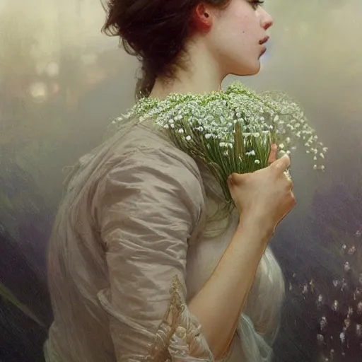 Prompt: a beautifull intricate woman with lily of the valley, reflexions, verry high details by william turner art, greg rutkowski and alphonse mucha, trending on artstation, very very detailed, masterpiece, - h 7 6 8