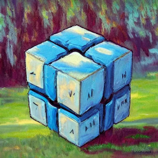 Image similar to beautiful impressionist painting of companion cube