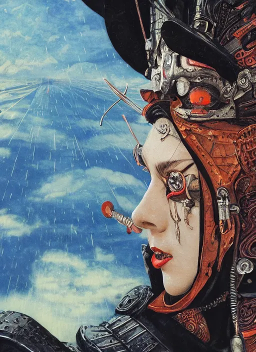 Prompt: symmetry! middle closeup chamber portrait of a biblical diabolical pirate geisha, stylish leather armor, pirate ship, heavy eyes to the side, closeup, bright glowing eyes, in clouds, rain, sunset, by gerald brom, by mikhail vrubel, by peter elson, muted colors, extreme detail, mirrors, trending on artstation, 8 k