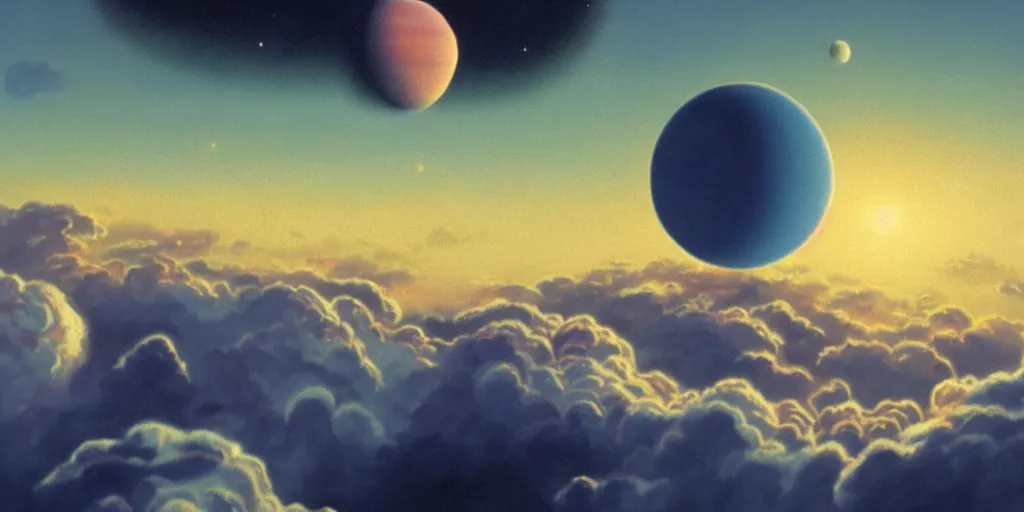 Image similar to blue dreamy cloudscape with a single planet in the clouds, daylight, cinematic lighting, cinematic perspective, syd mead, john harris, federico pelat,