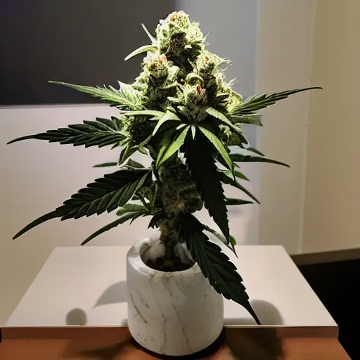 Prompt: A cannabis plant, made of marble and displayed as art