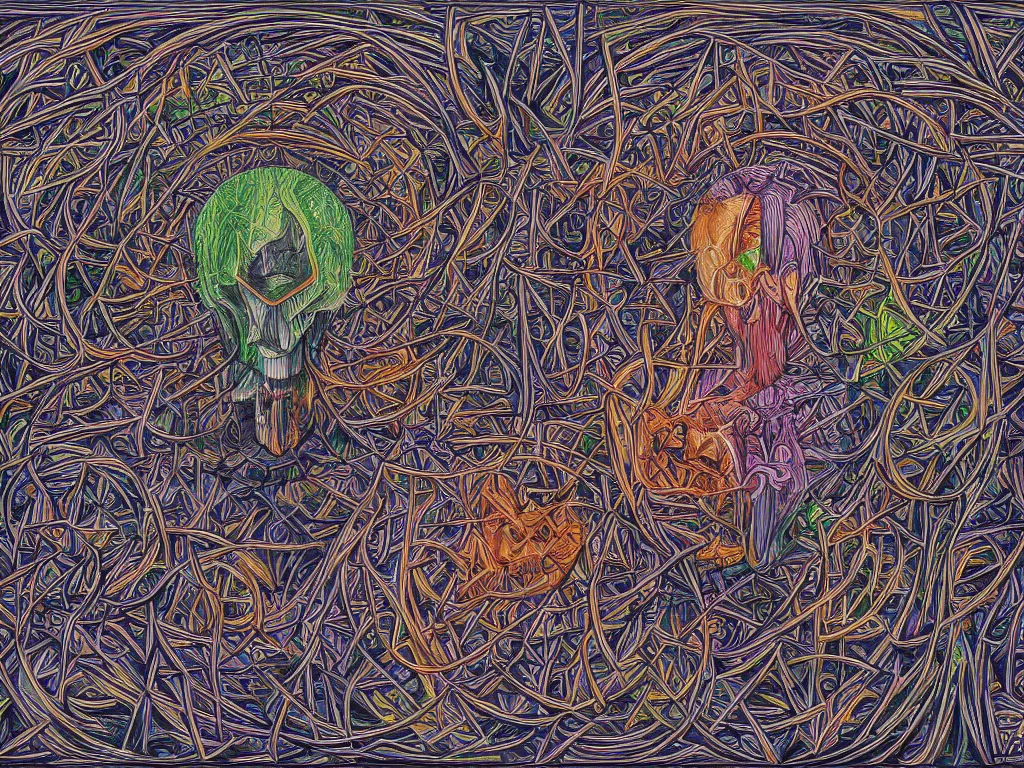 Image similar to expression of mind-matter interaction through death by Alex Grey and M. C. Escher collaboration, digital painting, Groundcore