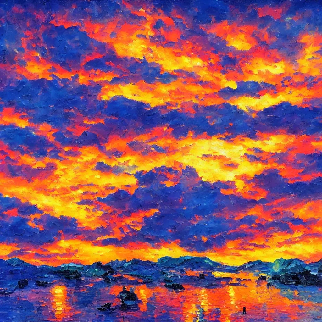 Prompt: an impasto oil painting of a stunning, colorful sunset painted by ken hong leung