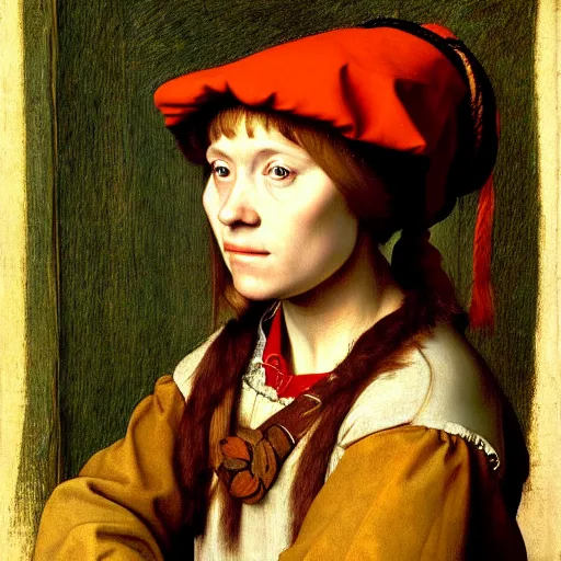 Image similar to study of a peasant girl by hans holbein the younger. hyperrealsim