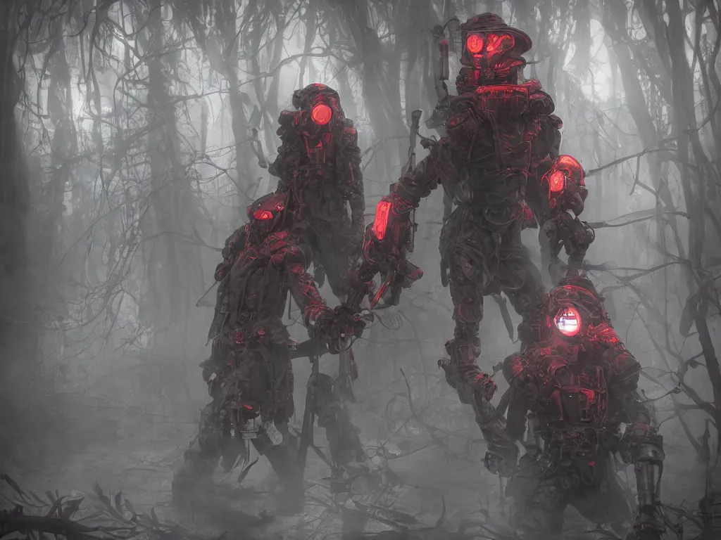 Image similar to between mystical misty swamps a renaissance style soldiers unit in red hoods with giant dieselpunk-style exoskeletons, armed with edged weapons, battles otherworldly werewolves. Volumetric lighting bioluminescence, plasma, neon, brimming with energy, electricity, power, Colorful Sci-Fi Steampunk, Dieselpunk Biological Living, cel-shaded, depth, particles, lots of reflective surfaces, subsurface scattering