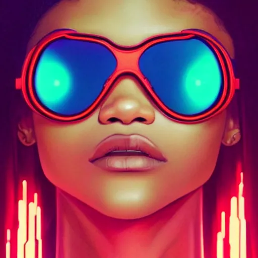 Image similar to zendaya wearing opaque reflective goggles profile picture by Greg Rutkowski, brown skin, very long hair, dune, asymmetrical, futuristic, neon volumetric lights, cool colors, streetwear, studio ghibli, Organic Painting , Matte Painting, geometric shapes, hard edges, street art, trending on the artstation, fantasy LUT, realistic by Sachin Teng + Martin Grip + Moebius, techwear, Industrial Scifi, detailed illustration, character portrait,