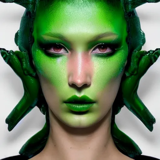 Image similar to bella hadid as a green alien, hyperrealistic, 4k, makeup, symmetrical face