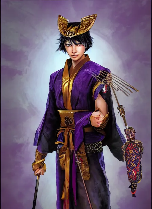 Image similar to An epic fantasy comic book style portrait painting of teenager boy with straight indigo hair, purple eyes with red eye markers, slim body, wearing a detailed Japanese kimono with golden armor pieces, holding a japanese fan. Unreal 5, DAZ, hyperrealistic, octane render, cosplay, RPG portrait, dynamic lighting