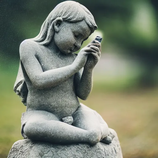 Image similar to a stone statue of a girl playing with a stone phone, 5 0 mm lens, f 1. 4, sharp focus, ethereal, emotionally evoking, head in focus, volumetric lighting, 8 k