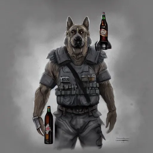 Image similar to a humanoid german shepherd beast - man in military style, holding a bottle of beer, artstation, concept art, smooth, sharp foccus ilustration, artstation