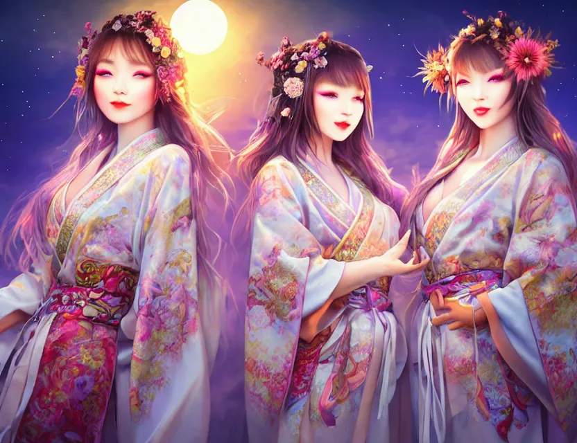 Image similar to two beautiful alluring siberian girls wear fantasy kimono in festival | | sunny night, full moon, dreamlike art, realistic shaded, smile, good looking, hyper details, 4 k realistic, cryengine, realistic shaded lighting poster by artgerm, ross tran, fuji choko, 8 k resolution, trending on artstation, luxury