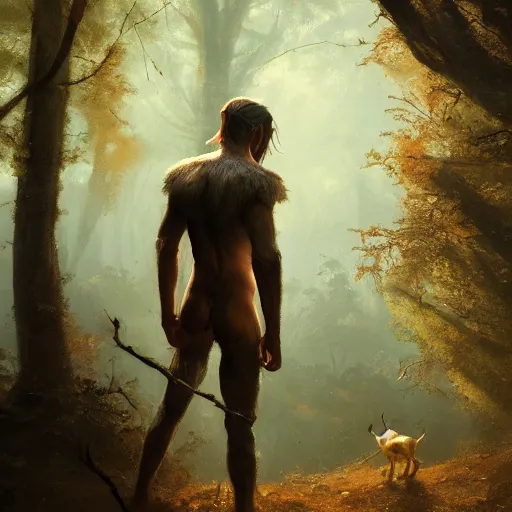 Prompt: 'portrait of the back a small male wood-elf caring for the animals in the woods, art by Greg Rutkowski, 4k'