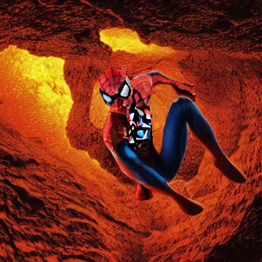 Image similar to head of the spiderman emerges from a lava lake, cave background, high detail, lava reflections, cave reflecting in the lava lake, dramatic shot