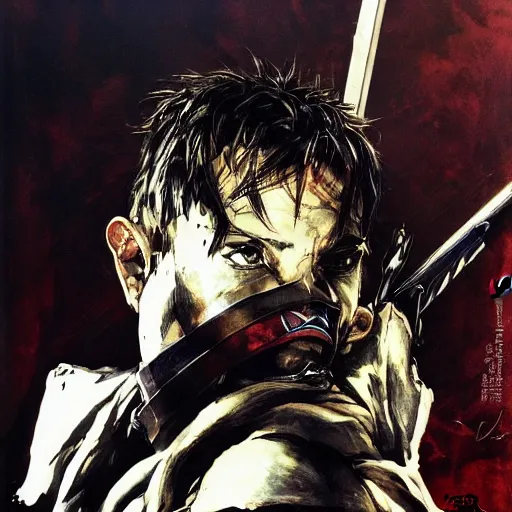 Image similar to portrait of a hero holding his sword in front of his face by yoji shinkawa, high quality, extra details, realism, ornate, colored, golden chain, blood, white skin, short hair, brown eyes, vivid, sunlight, dynamic, american man, military, futuristic freedom, white american soldier, painting