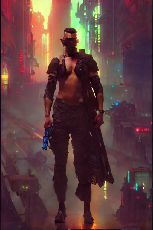 Image similar to attractive man, cyberpunk, cool colors, painting by gaston bussiere, craig mullins, greg rutkowski, alphonse mucha