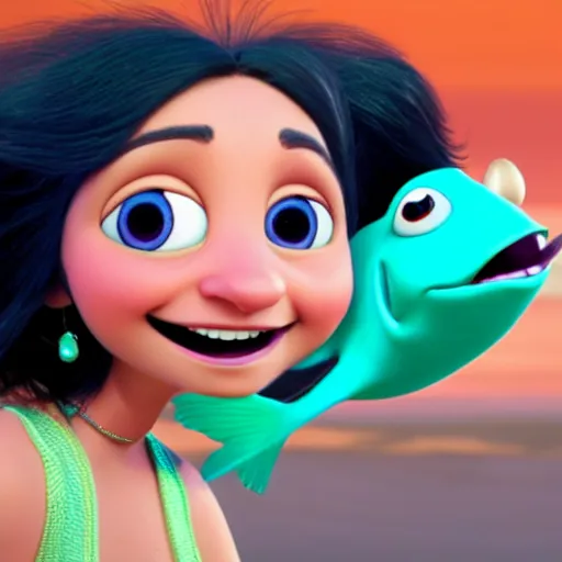 Prompt: julia louis dreyfus as a pixar character with a fish!!! body, 3 d, octane render