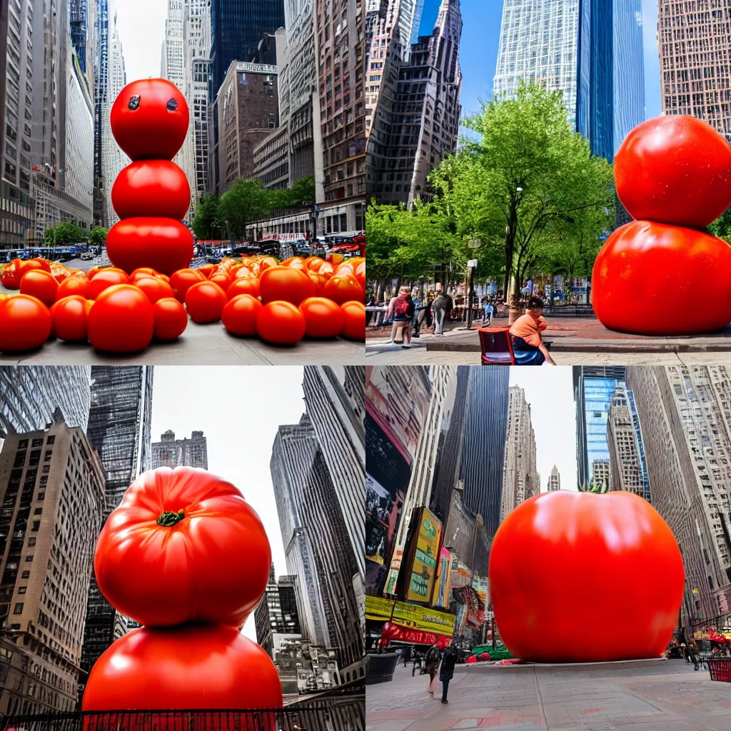 Prompt: a photograph of a gigantic tomato statue, in the middle of new york, shot with premium dslr camera