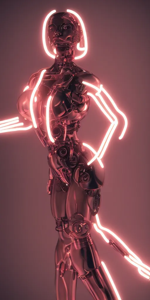 Prompt: a beautiful female cyborg humanoid brunette neon lighting 4 k render 8 5 mm