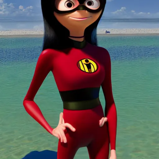 Prompt: realistic photo of Violet Parr from The Incredibles in a two-piece dress at the beach