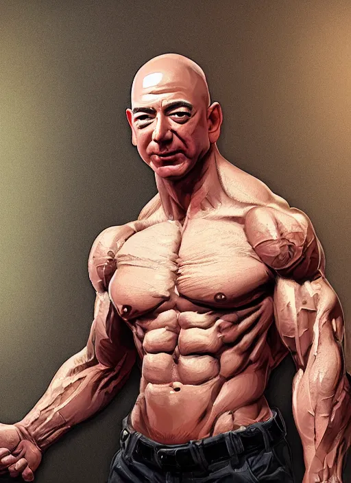 Prompt: jeff bezos a muscular bodybuilder, au naturel, hyper detailed, digital art, trending in artstation, cinematic lighting, studio quality, smooth render, unreal engine 5 rendered, octane rendered, art style by klimt and nixeu and ian sprigger and wlop and krenz cushart.