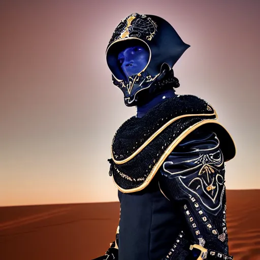 Image similar to medium face shot of adult Austin Butler dressed in futuristic-baroque black-prussian blue garb with embroidered Rams head emblem, and nanocarbon-vest, in an arena in Dune 2021, XF IQ4, f/1.4, ISO 200, 1/160s, 8K, face in-frame