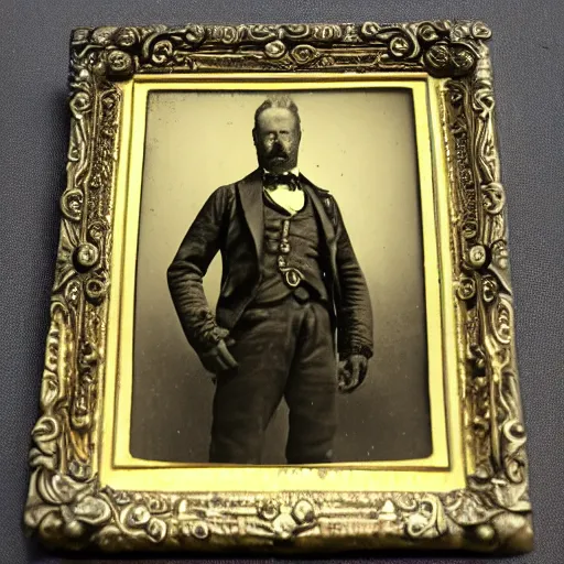 Prompt: 19 century steam punk industrialist orc highly focused detailed daguerreotype photo