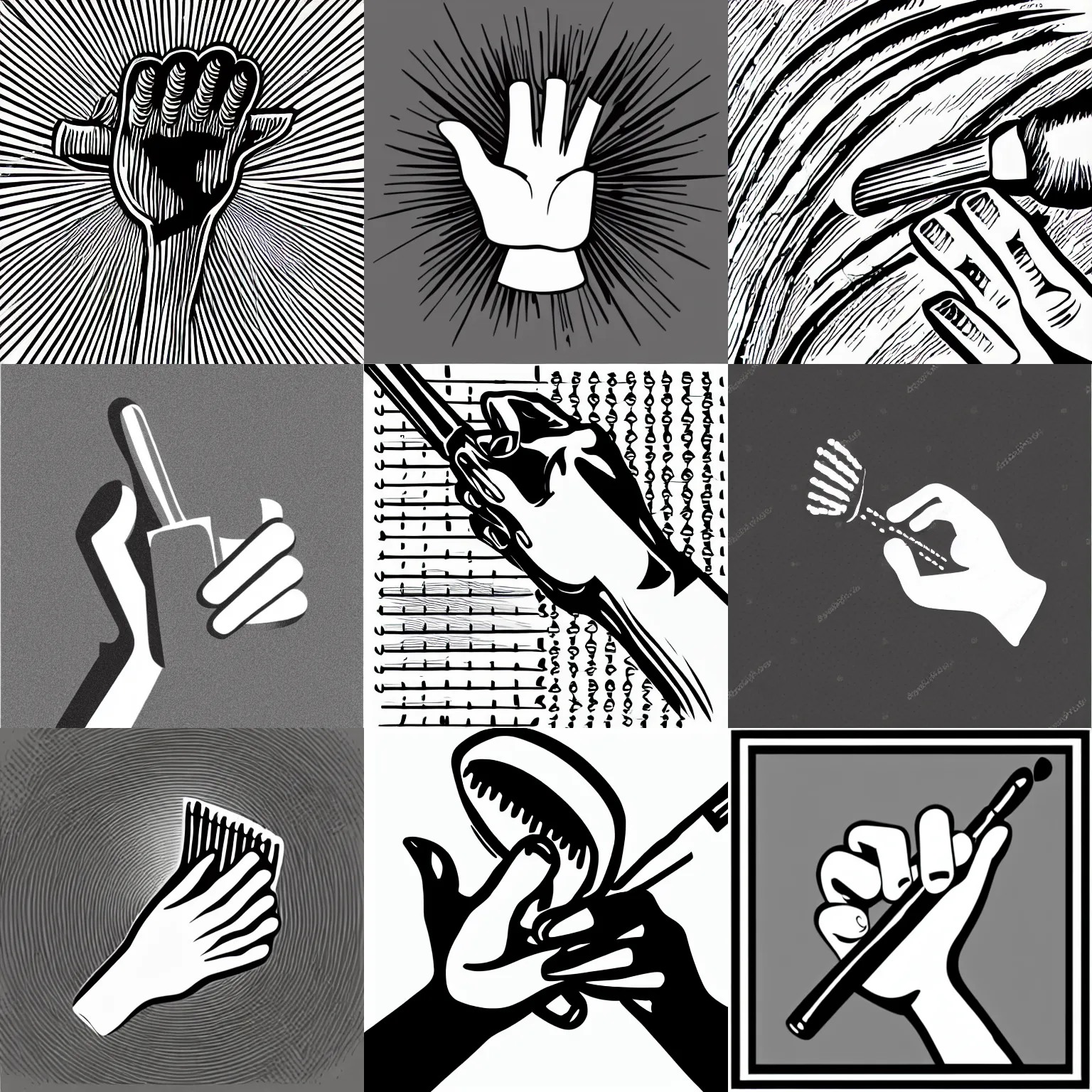 Prompt: a logo of a hand holding a brush on a musical sheet, black and white, simple, vector, lineart