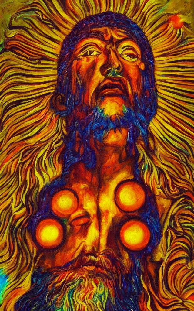 Prompt: the god of the solar mythos solar deity, award winning oil painting, iridescent colors