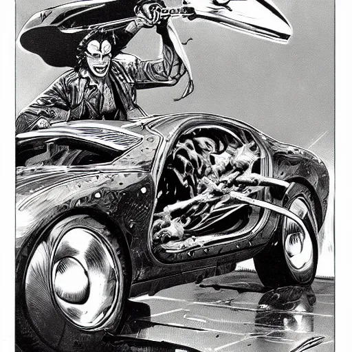 Prompt: shocking of a horrifying picture of Gyro Gearloose smashing his car with a hammer. leather jacket, black makeup. character design by Bruce Pennington, detailed, inked, western comic book art