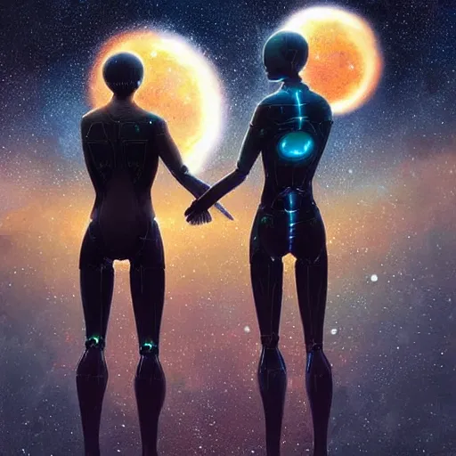 Image similar to digital painting of two humanoid robots hugging each other, supernova in the background, cosmic and stars and planets and galaxy, stunning, surreal, cinematic lighting, concept art by greg rutkowski and simon stalenhag