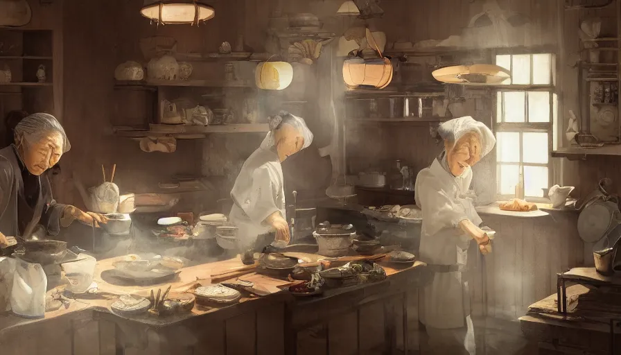 Prompt: old japanese lady cooking in old 1 8 0 0's kitchen, hyperdetailed, artstation, cgsociety, 8 k