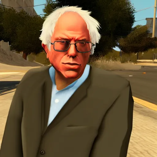 Prompt: Gameplay screenshot of Bernie Sanders in GTA San Andreas, GTA