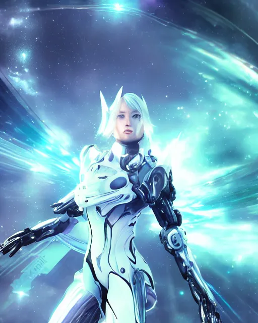 Image similar to photo of a android girl on a mothership, warframe armor, beautiful face, scifi, nebula, futuristic background, galaxy raytracing, dreamy, focused, sparks of light, attractive, long white hair, blue cyborg eyes, glowing, 8 k high definition, insanely detailed, intricate, innocent, art by akihiko yoshida, antilous chao, woo kim