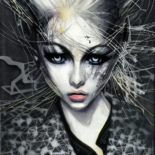 Image similar to Yoshitaka Amano realistic illustration of an anime girl with white hair and cracks on her face wearing dress suit with tie, abstract black and white patterns on the background, noisy film grain effect, highly detailed, Renaissance oil painting