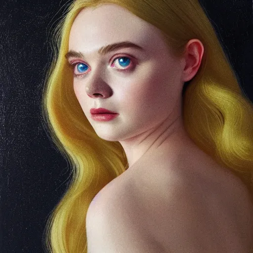 Image similar to Elle Fanning in the style of Paola Vetri, head and shoulders portrait, stormy weather, extremely detailed masterpiece, oil on canvas, low-key neon lighting, artstation, Blade Runner 2049, Roger Deakin’s cinematography, by J. C. Leyendecker and Peter Paul Rubens and Edward Hopper and Michael Sowa,