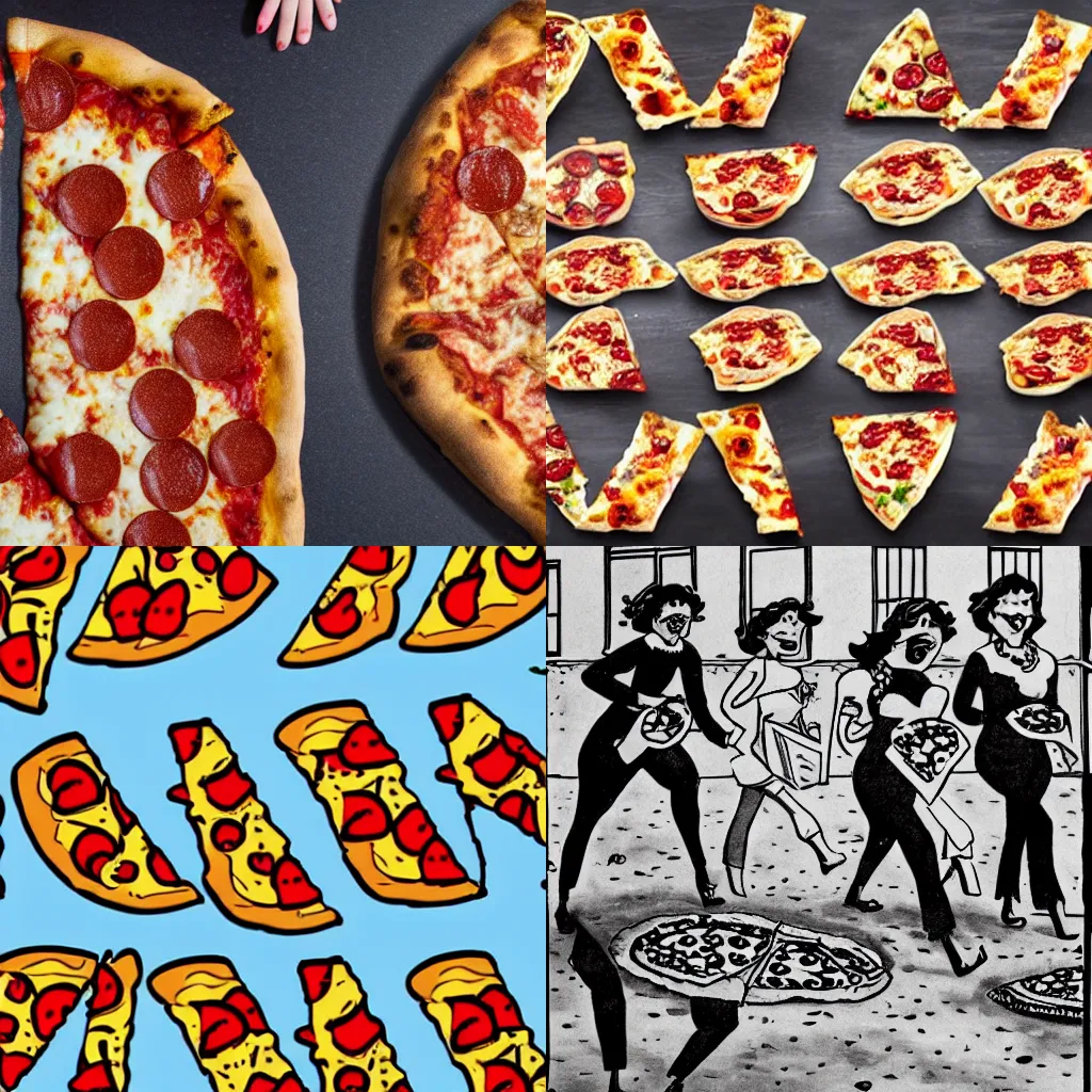 Prompt: many ladies with many legs running away from a pizza