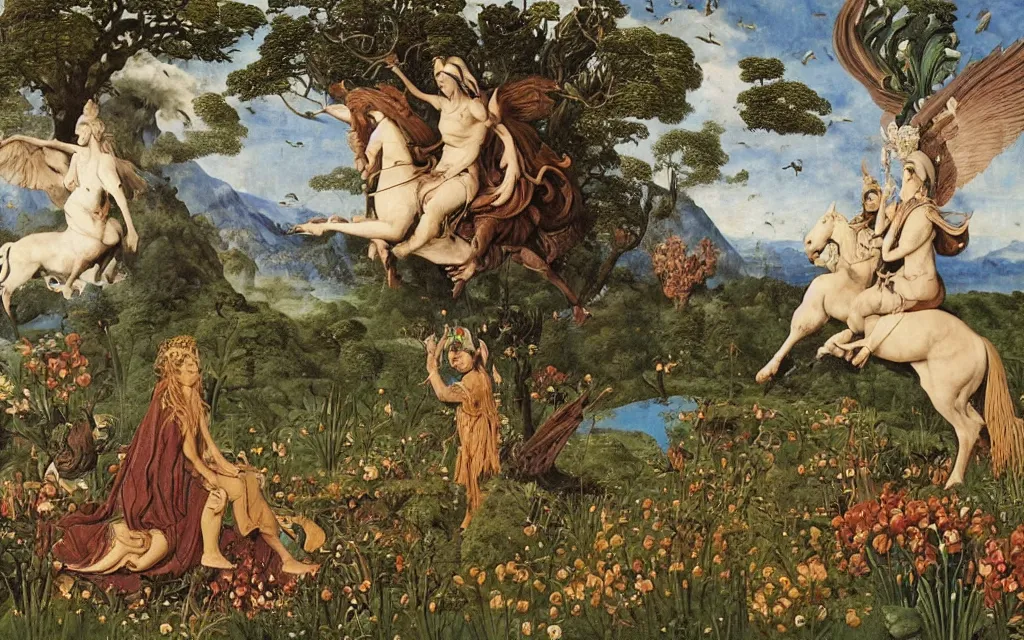 Image similar to a portrait photograph of a meditating harpy and a centaur king riding eagles and hunting at a river delta. surrounded by bulbous flowers, animals and trees. mountains range under a blue sky of burning stars. by jan van eyck, max ernst, ernst haeckel, ernst fuchs and artgerm, artstation, daily deviation, 8 k