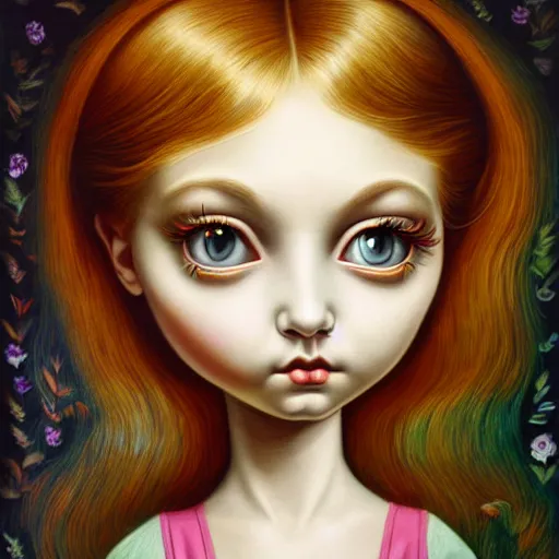 Image similar to hyper detailed painting of a girl with big eyes in the style of artist mark ryden, symmetrical composition, in a landscape