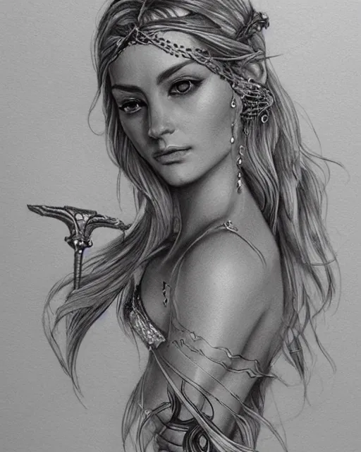 Image similar to tattoo sketch of beautiful greek goddess aphrodite with arrowhead earrings, beautiful piercing eyes, flowing blonde hair, realistic face, hyper realistic, in the style of greg rutkowski, fantasy, amazing detail, epic, intricate, elegant, smooth, sharp focus